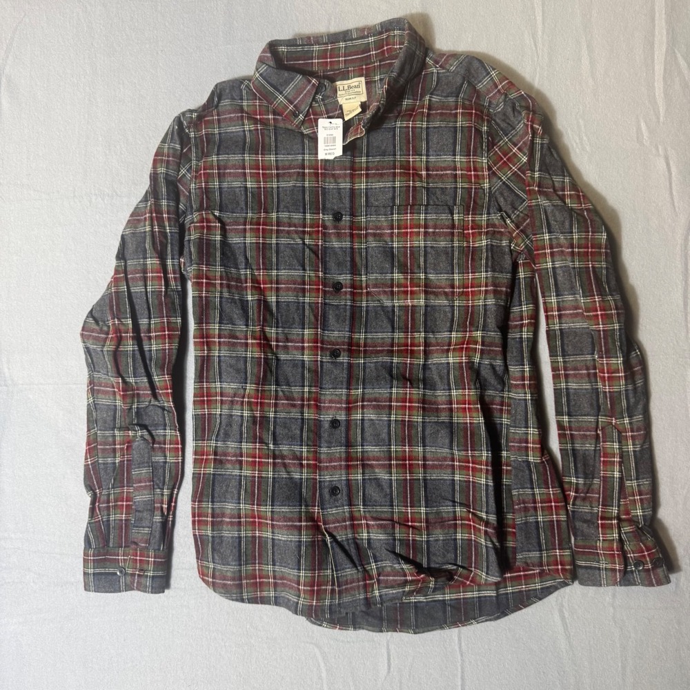 LL Bean Mens Scotch Plaid Flannel Shirt Grey‎ Stewart Slim Fit Medium NWT 510590